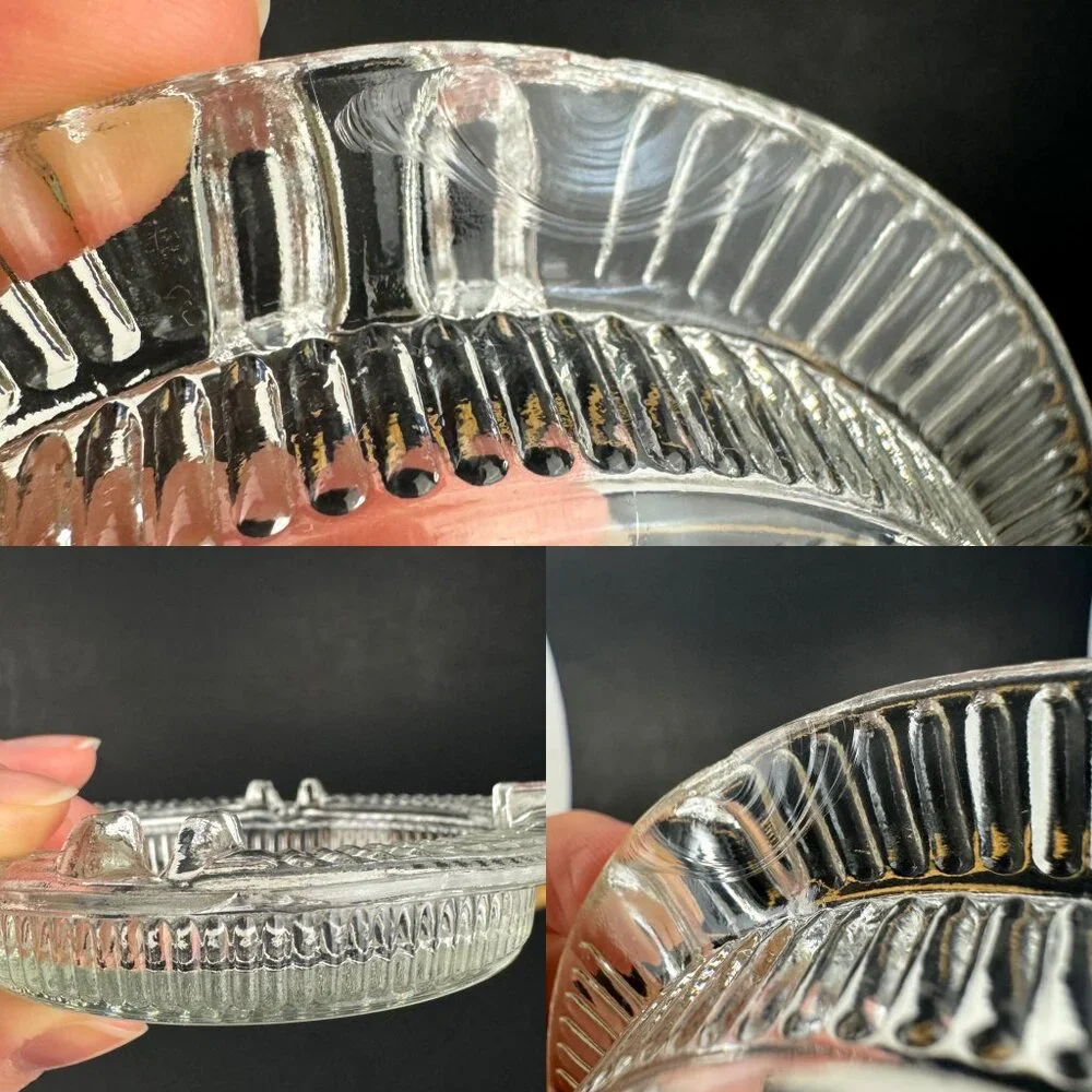 Vtg‎ Clear Glass Round Ashtray Ribbed Textured Tabletop Damaged Lightly READ
